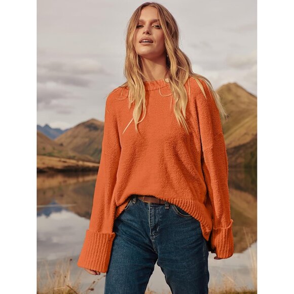 Women's Oversized Sweater Fuzzy Orange Long Sleeve Casual Chunky Pullover - Picture 6 of 8